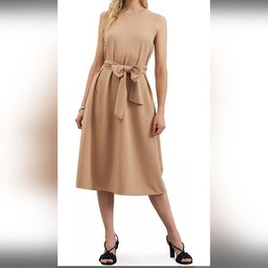 AUGUST SKY Tie Waist Sleeveless Dress, Medium, CAMEL